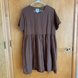 Shiny By Nature Linen Brown Babydoll Dress Short Sleeve Pockets Casual Women's M